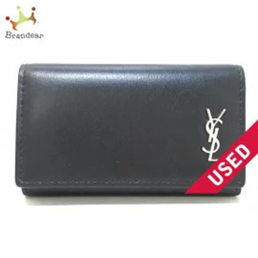 SAINT LAURENT PARIS Key Case Wallet Hooks Black Silver Leather Metal